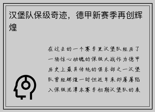 汉堡队保级奇迹，德甲新赛季再创辉煌