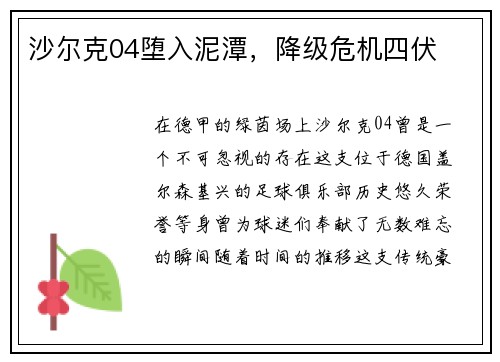 沙尔克04堕入泥潭，降级危机四伏